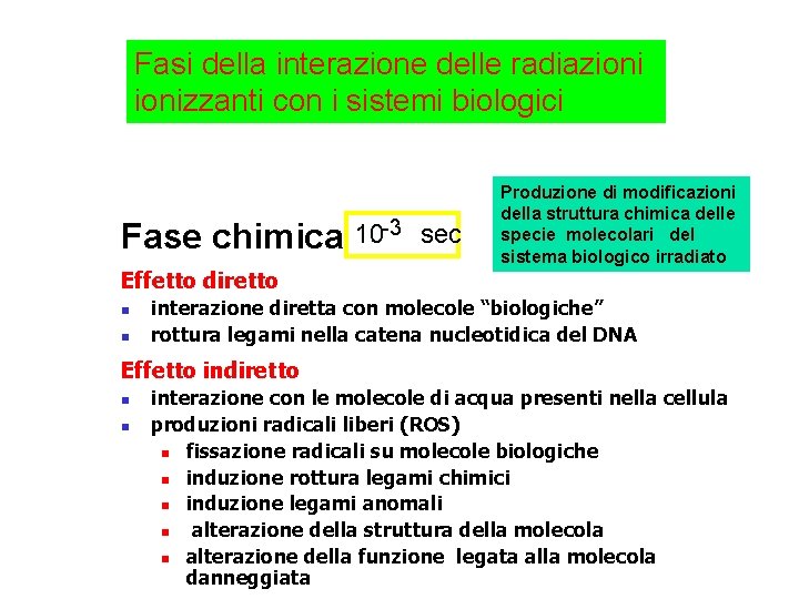 Fasi della interazione delle radiazionizzanti con i sistemi biologici Fase chimica 10 -3 sec