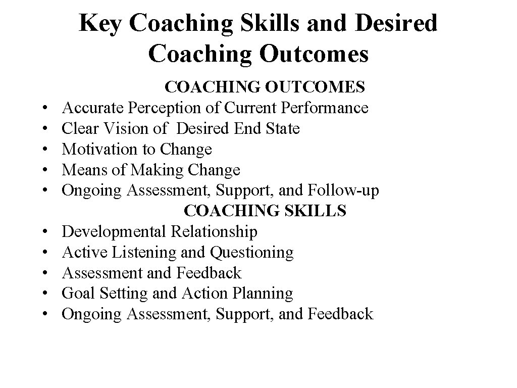 Key Coaching Skills and Desired Coaching Outcomes • • • COACHING OUTCOMES Accurate Perception