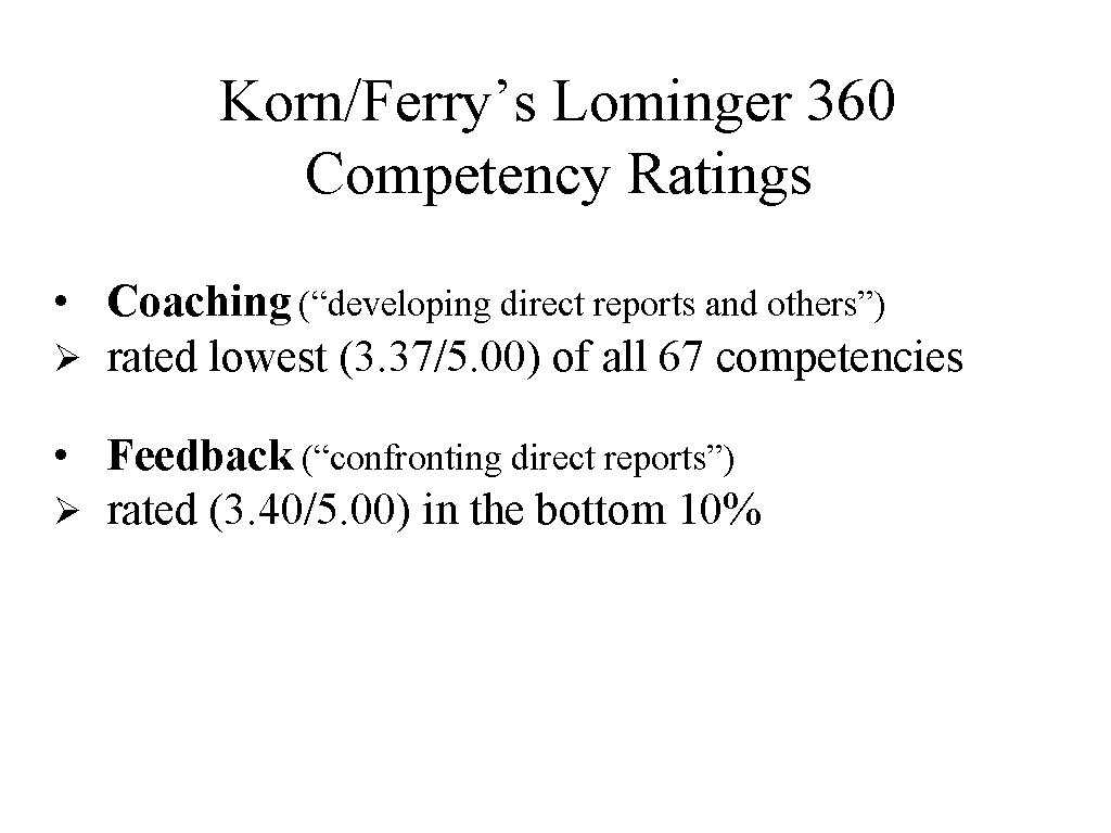 Korn/Ferry’s Lominger 360 Competency Ratings • Coaching (“developing direct reports and others”) rated lowest