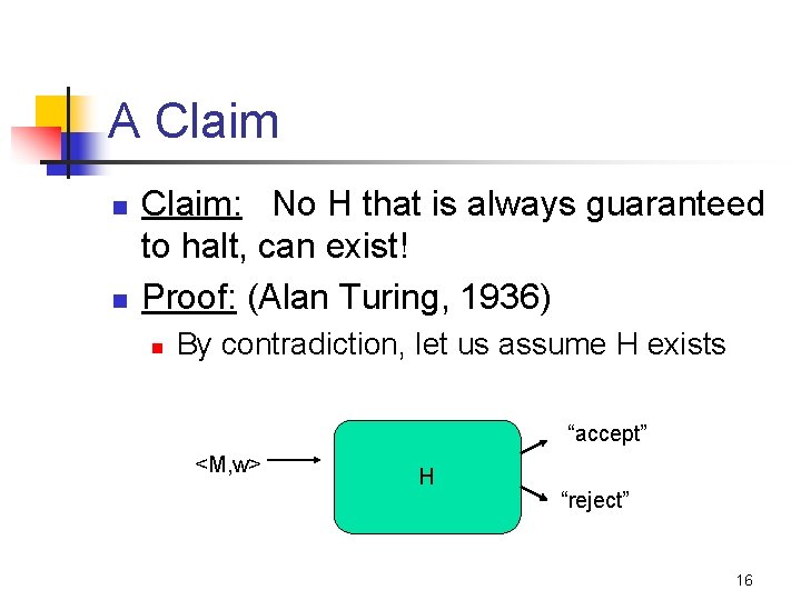 A Claim n n Claim: No H that is always guaranteed to halt, can