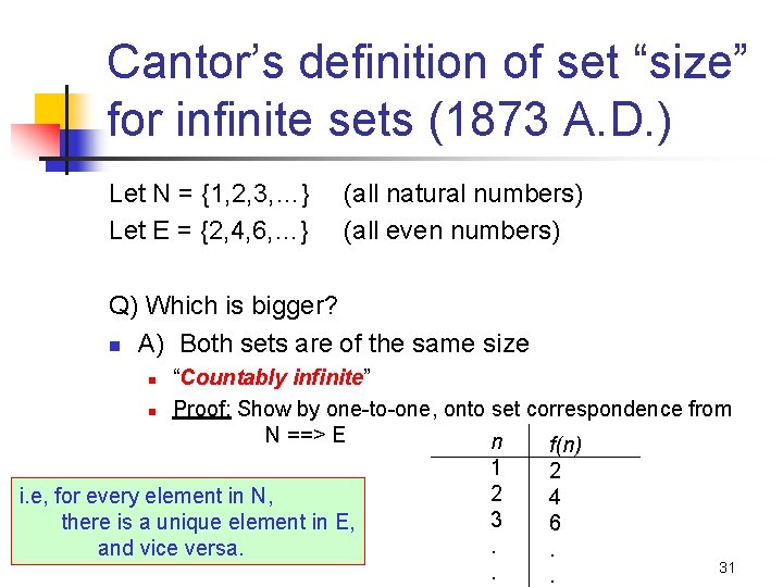 Cantor’s definition of set “size” for infinite sets (1873 A. D. ) Let N