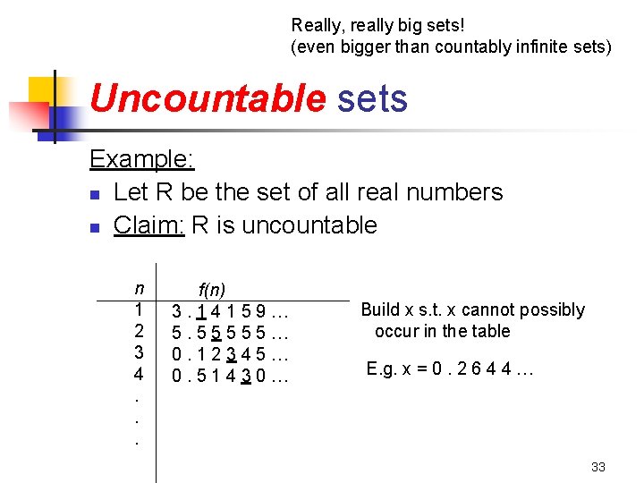 Really, really big sets! (even bigger than countably infinite sets) Uncountable sets Example: n