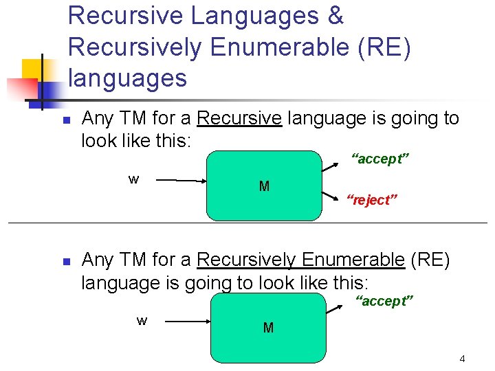 Recursive Languages & Recursively Enumerable (RE) languages n Any TM for a Recursive language