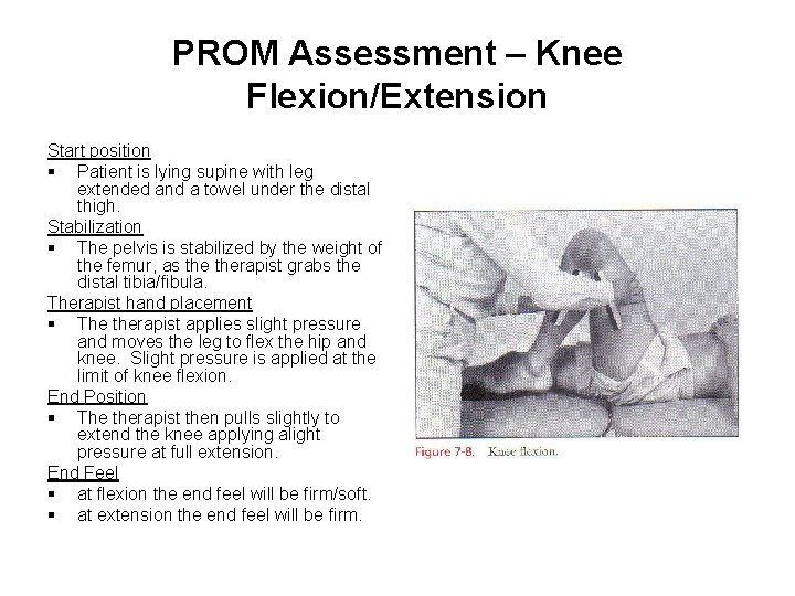 PROM Assessment – Knee Flexion/Extension Start position § Patient is lying supine with leg