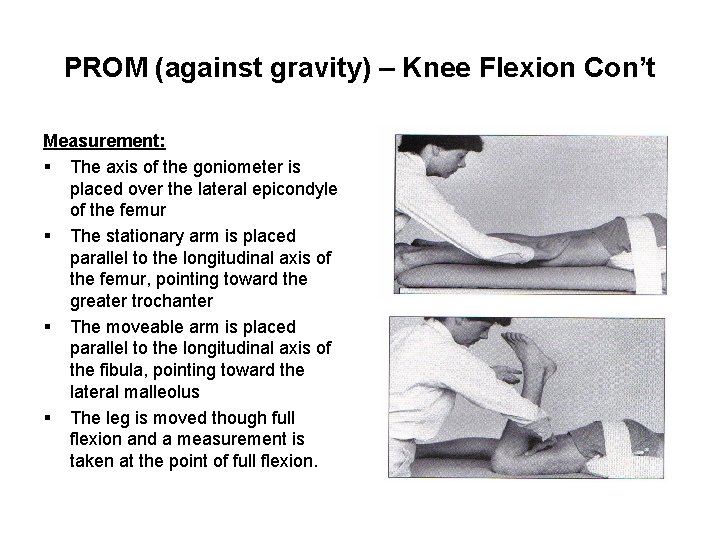 PROM (against gravity) – Knee Flexion Con’t Measurement: § The axis of the goniometer