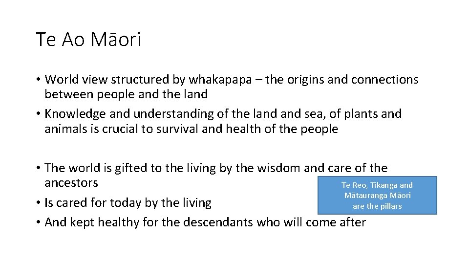 Te Ao Māori • World view structured by whakapapa – the origins and connections