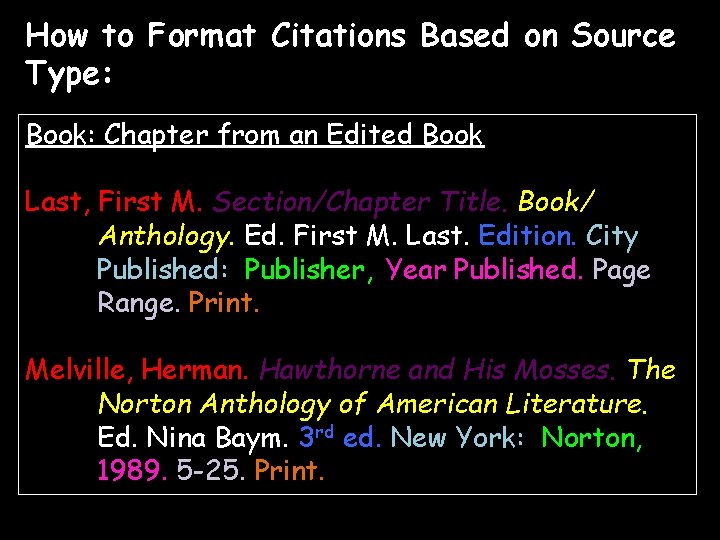 How to Format Citations Based on Source Type: Book: Chapter from an Edited Book