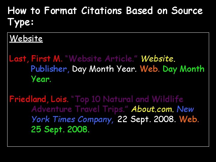 How to Format Citations Based on Source Type: Website Last, First M. “Website Article.