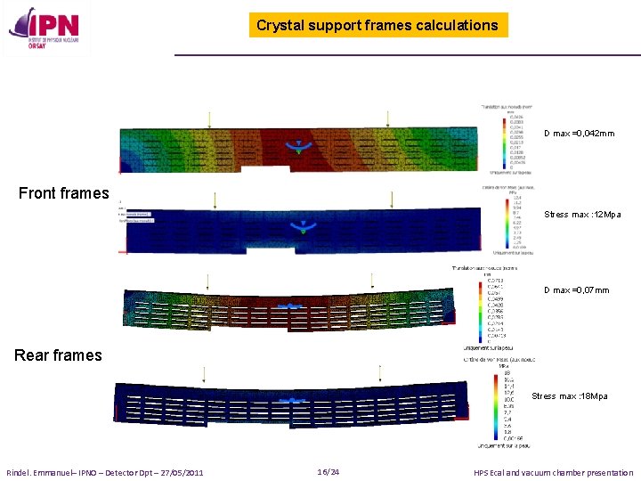 Crystal support frames calculations D max =0, 042 mm Front frames Stress max :