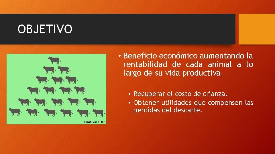 OBJETIVO • Beneficio económico aumentando la rentabilidad de cada animal a lo largo de