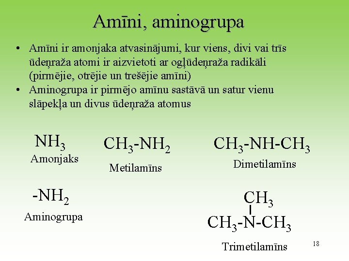 Amīni, aminogrupa • Amīni ir amonjaka atvasinājumi, kur viens, divi vai trīs ūdeņraža atomi