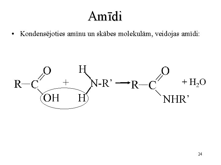 Amīdi • Kondensējoties amīnu un skābes molekulām, veidojas amīdi: H + N-R’ H NHR’