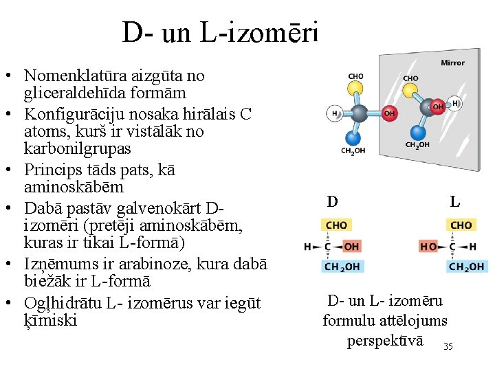 D- un L-izomēri • Nomenklatūra aizgūta no gliceraldehīda formām • Konfigurāciju nosaka hirālais C