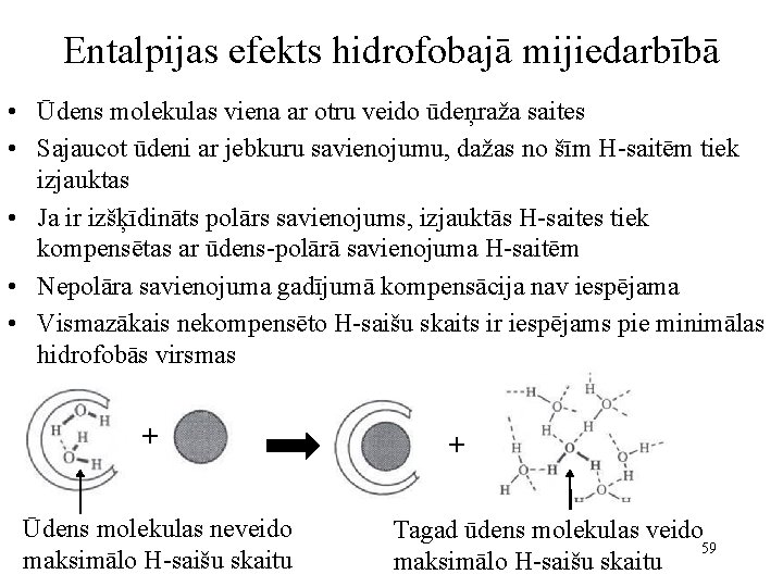 Entalpijas efekts hidrofobajā mijiedarbībā • Ūdens molekulas viena ar otru veido ūdeņraža saites •