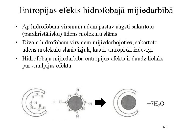 Entropijas efekts hidrofobajā mijiedarbībā • Ap hidrofobām virsmām ūdenī pastāv augsti sakārtotu (parakristālisku) ūdens