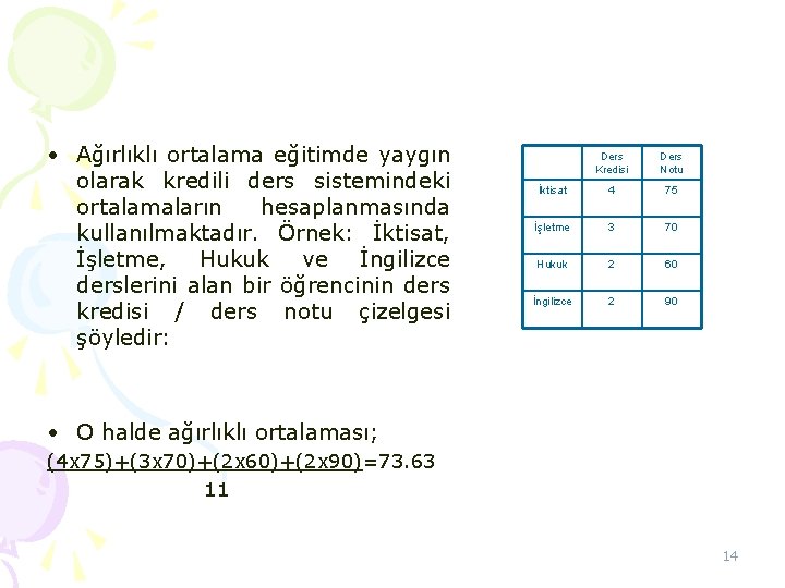 • Ağırlıklı ortalama eğitimde yaygın olarak kredili ders sistemindeki ortalamaların hesaplanmasında kullanılmaktadır. Örnek: • Ağırlıklı ortalama eğitimde yaygın olarak kredili ders sistemindeki ortalamaların hesaplanmasında kullanılmaktadır. Örnek: