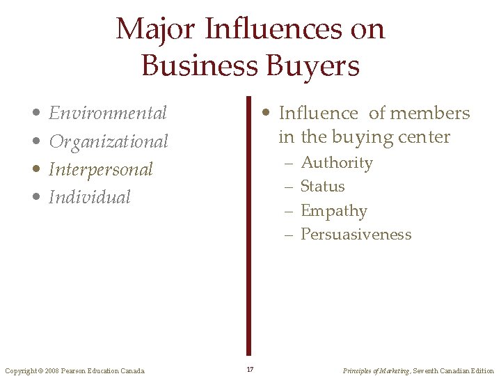 Major Influences on Business Buyers • • • Influence of members in the buying