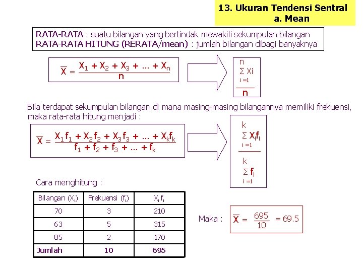 13. Ukuran Tendensi Sentral a. Mean RATA-RATA : suatu bilangan yang bertindak mewakili sekumpulan