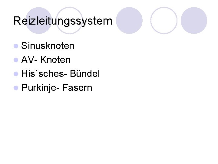 Reizleitungssystem l Sinusknoten l AV- Knoten l His`sches- Bündel l Purkinje- Fasern 