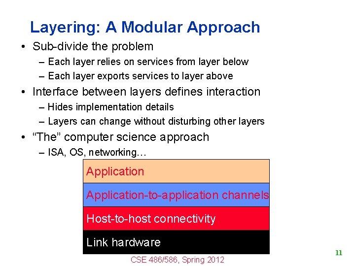 Layering: A Modular Approach • Sub-divide the problem – Each layer relies on services