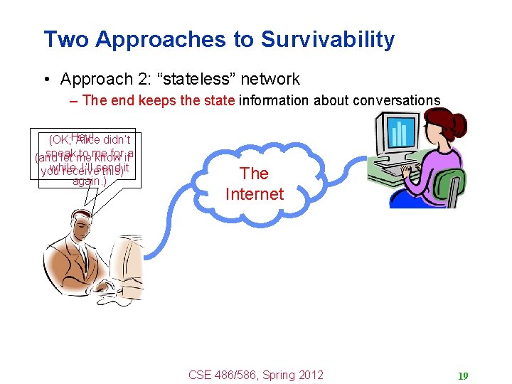 Two Approaches to Survivability • Approach 2: “stateless” network – The end keeps the