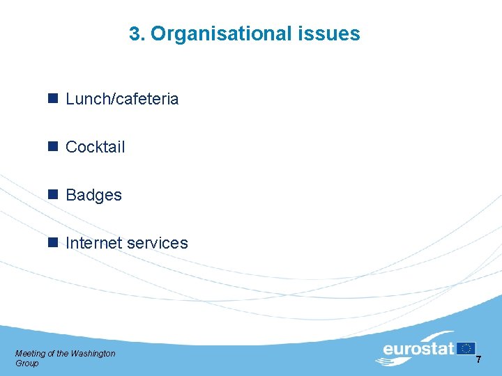 3. Organisational issues Lunch/cafeteria Cocktail Badges Internet services Meeting of the Washington Group 7