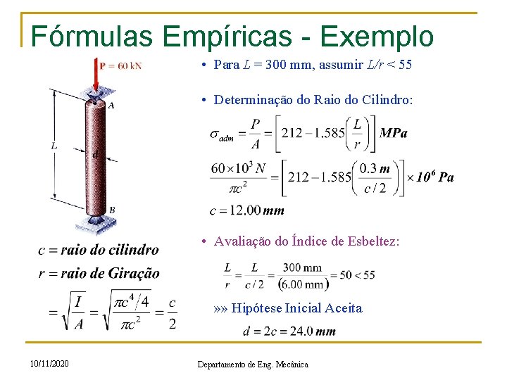 Fórmulas Empíricas - Exemplo • Para L = 300 mm, assumir L/r < 55