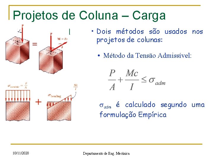 Projetos de Coluna – Carga • Dois métodos são usados Excêntrica projetos de colunas: