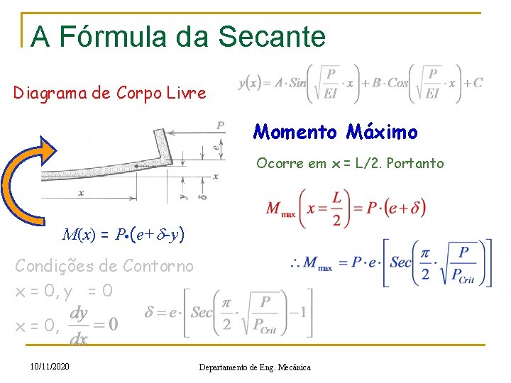 A Fórmula da Secante Diagrama de Corpo Livre Momento Máximo Ocorre em x =