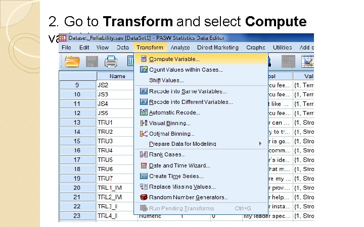 2. Go to Transform and select Compute variable 