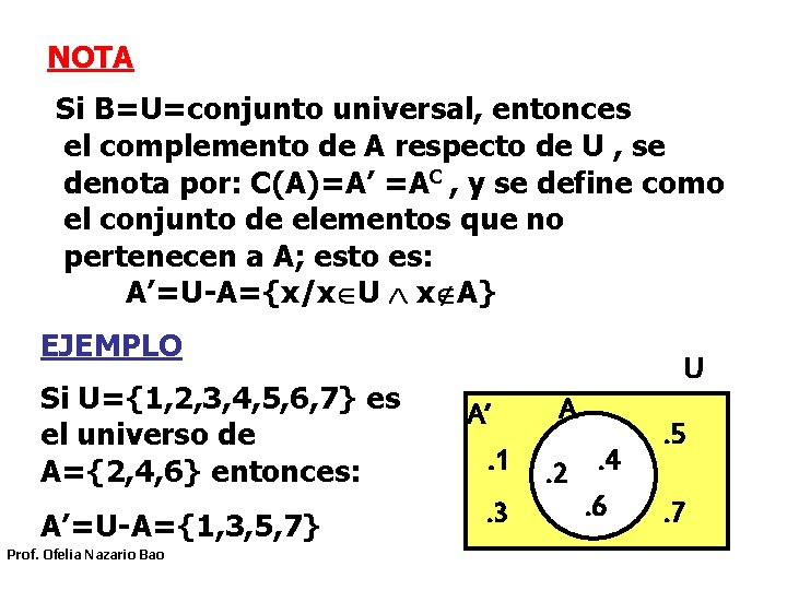 NOTA Si B=U=conjunto universal, entonces el complemento de A respecto de U , se