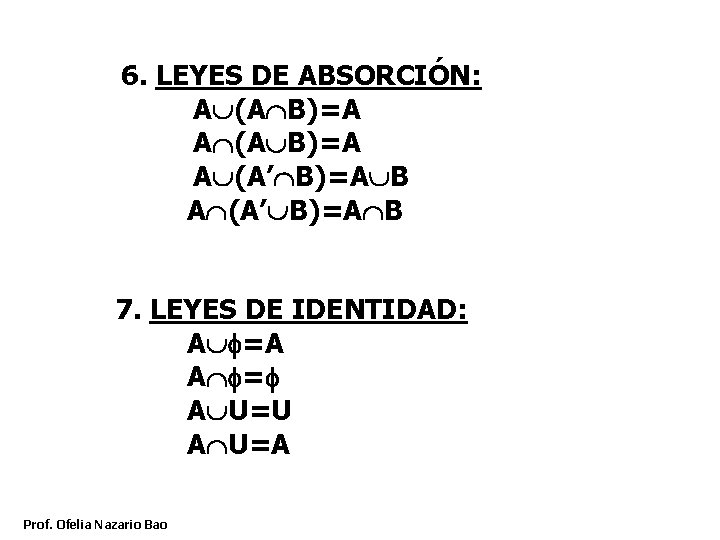 6. LEYES DE ABSORCIÓN: A (A B)=A A (A’ B)=A B 7. LEYES DE