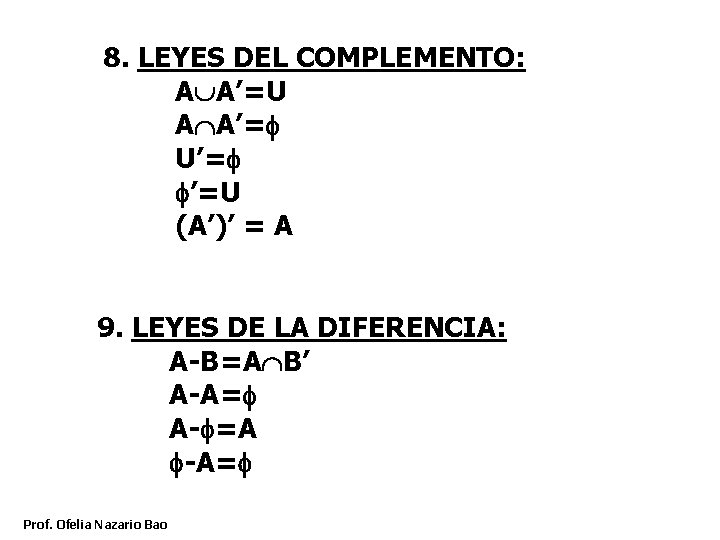 8. LEYES DEL COMPLEMENTO: A A’=U A A’= U’= ’=U (A’)’ = A 9. 8. LEYES DEL COMPLEMENTO: A A’=U A A’= U’= ’=U (A’)’ = A 9.