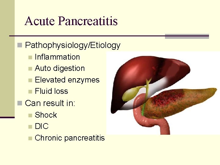Acute Pancreatitis n Pathophysiology/Etiology n Inflammation n Auto digestion n Elevated enzymes n Fluid