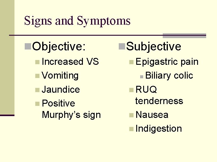 Signs and Symptoms n. Objective: n. Subjective n Increased VS n Epigastric pain n