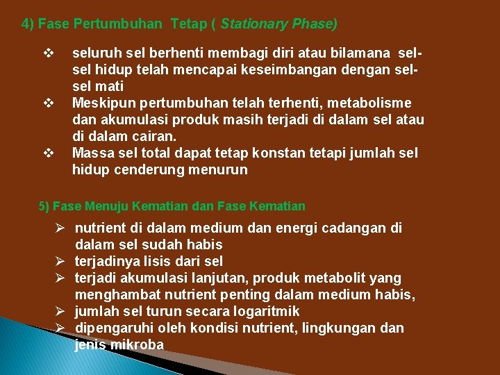 4) Fase Pertumbuhan Tetap ( Stationary Phase) v v v seluruh sel berhenti membagi