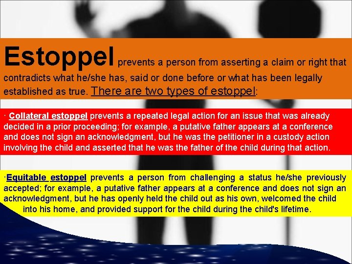Estoppel prevents a person from asserting a claim or right that contradicts what he/she