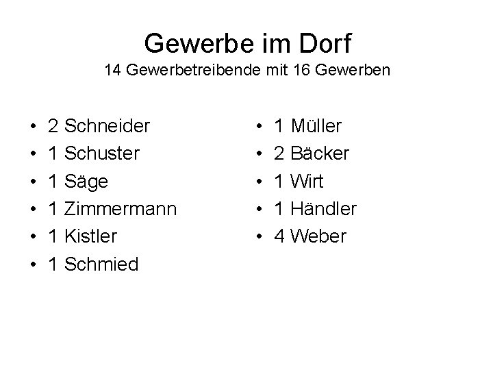 Gewerbe im Dorf 14 Gewerbetreibende mit 16 Gewerben • • • 2 Schneider 1