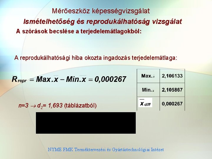 Mérőeszköz képességvizsgálat Ismételhetőség és reprodukálhatóság vizsgálat A szórások becslése a terjedelemátlagokból: A reprodukálhatósági hiba