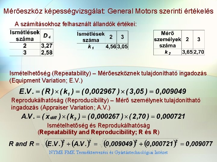 Mérőeszköz képességvizsgálat: General Motors szerinti értékelés A számításokhoz felhasznált állandók értékei: Ismételhetőség (Repeatability) –