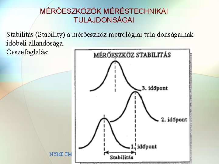 MÉRŐESZKÖZÖK MÉRÉSTECHNIKAI TULAJDONSÁGAI Stabilitás (Stability) a mérőeszköz metrológiai tulajdonságainak időbeli állandósága. Összefoglalás: NYME FMK