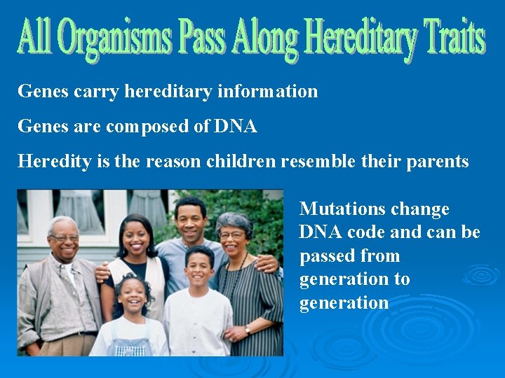 Genes carry hereditary information Genes are composed of DNA Heredity is the reason children