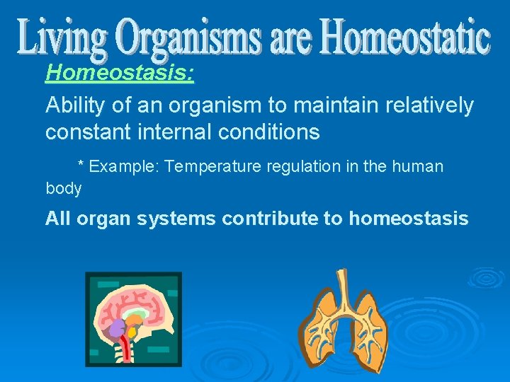 Homeostasis: Ability of an organism to maintain relatively constant internal conditions * Example: Temperature