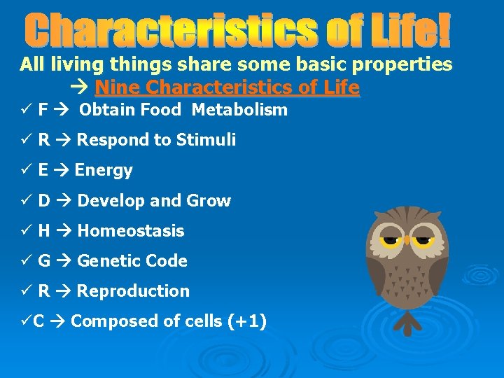 All living things share some basic properties Nine Characteristics of Life ü F Obtain