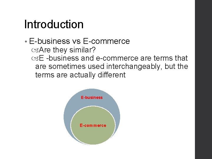 Introduction • E-business vs E-commerce Are they similar? E -business and e-commerce are terms