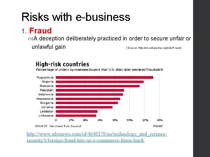 Risks with e-business 1. Fraud A deception deliberately practiced in order to secure unfair