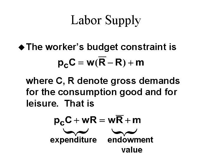 Labor Supply u The worker’s budget constraint is ¾ where C, R denote gross