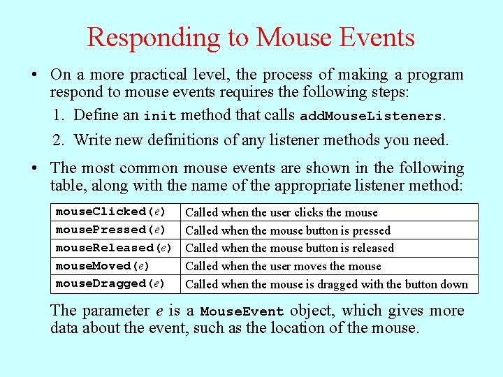 Responding to Mouse Events • On a more practical level, the process of making
