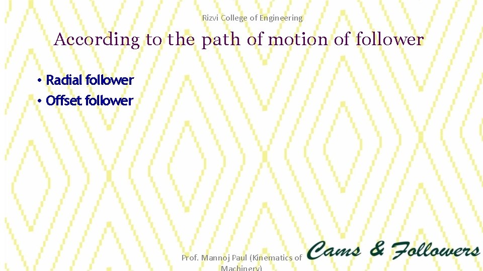 Rizvi College of Engineering According to the path of motion of follower • Radial