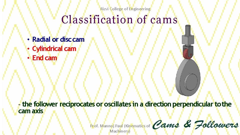 Rizvi College of Engineering Classification of cams • Radial or disc cam • Cylindrical